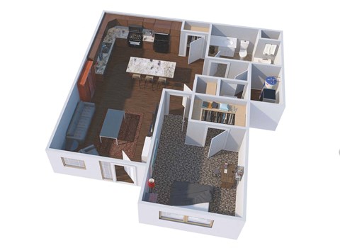 Floor plan for 1 bed, 1.5 baths, 779 sqft